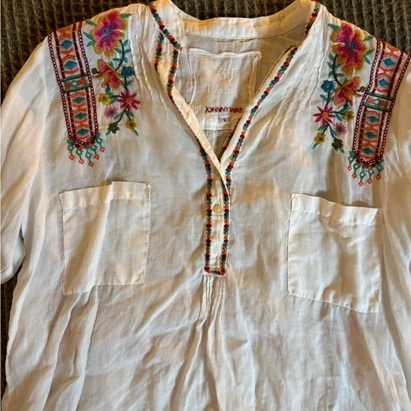 Johnny Was White Embroidered Linen Tunic with Pink & Teal Floral Accents - Picture 5 of 9